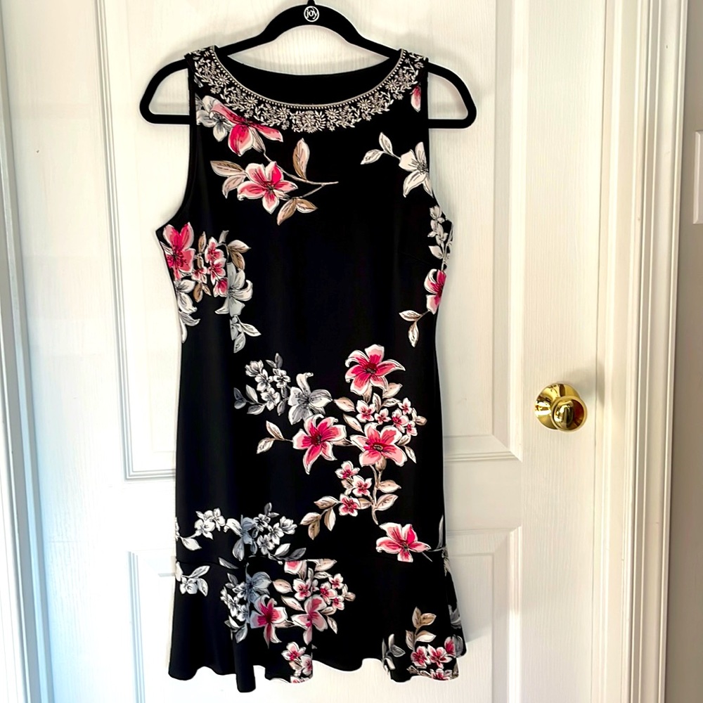 WHBM sleeveless black floral mini dress with flounce skirt